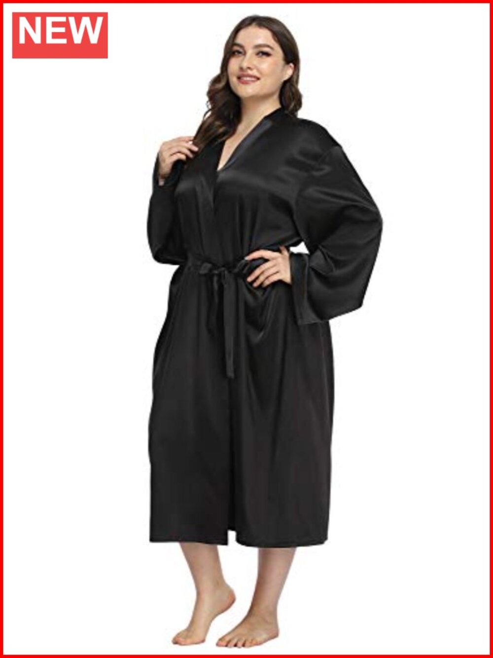 Plus Size Satin Kimono Robe with Pockets Long Wrap Lounge Robe